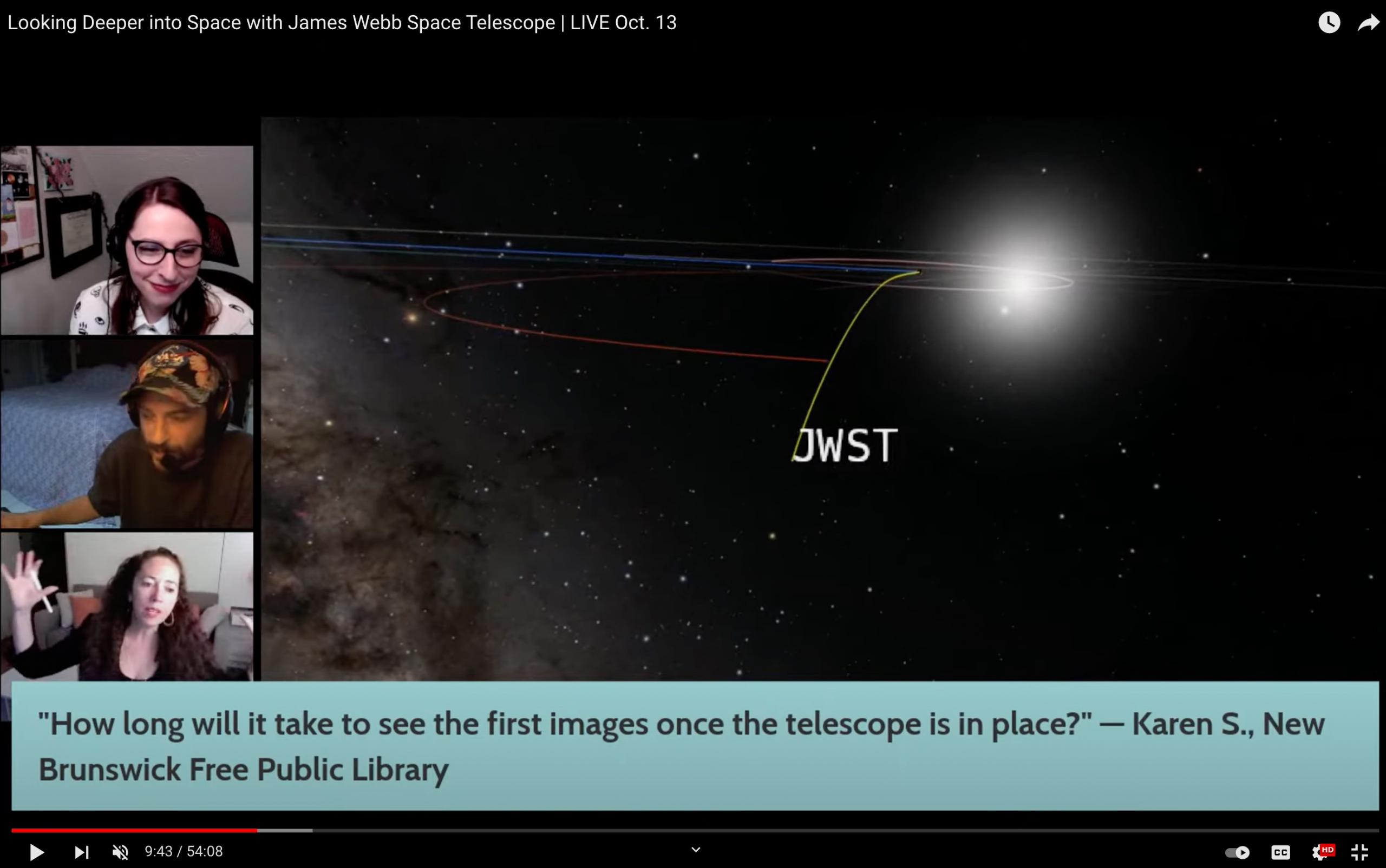 Livestream of three people from the American Museum of Natural History to the left of an image by OpenSpace software showing the estimated location of the James Webb Space Telescope. Dr. Jackie Faherty is explaining Webb, while Corrie Roe, Project Coordinator, and Micah Acinapura, Software Integration Engineer are listening.